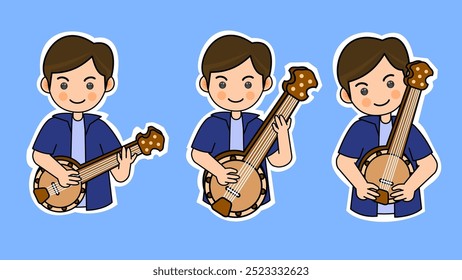 Niño de dibujos animados tocando el banjo en una pose diferente. Ilustración vectorial de instrumentos musicales. Conveniente para las pegatinas adorables y el contenido musical de la actuación