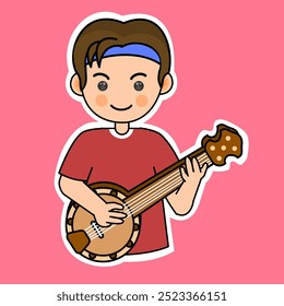 Niño de dibujos animados jugando Banjo. Ilustración vectorial de instrumentos musicales. Conveniente para las pegatinas adorables y el contenido musical de la actuación