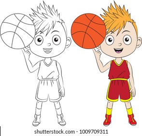 cartoon boy playing basketball. Both in separate layers for easy editing and coloring