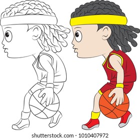 Niño de dibujos animados jugando al baloncesto. Ambos en capas separadas para una fácil edición y coloración