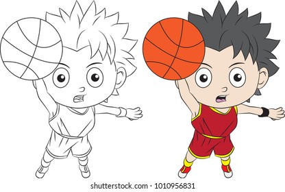 cartoon boy playing basketball. Both in separate layers for easy editing and coloring