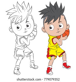 cartoon boy playing basketball. Both in separate layers for easy editing and coloring