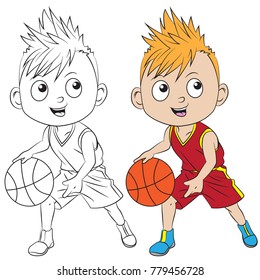 cartoon boy playing basketball. Both in separate layers for easy editing and coloring