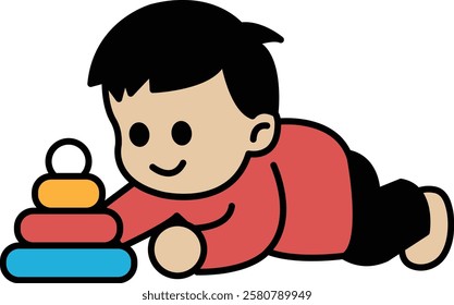 A cartoon of a boy playing with blocks. The boy is laying on his stomach and is surrounded by blocks. The blocks are stacked in a pyramid shape. The boy is smiling and he is enjoying himself