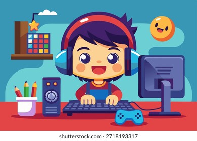 Cartoon boy playing computer games. Perfect for children's gaming concepts, tech illustrations, and fun activity visuals.