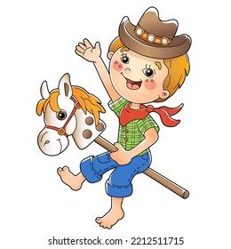 Cartoon Boy playing cowboy with toy horse. Colorful vector illustration for kids.