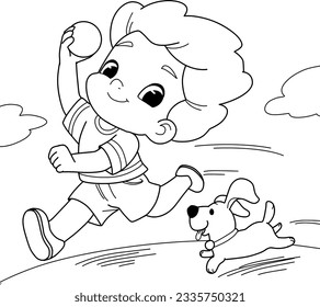 Cartoon boy playing with dog islated on white background.