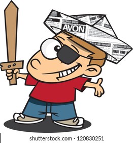 cartoon boy playing dress up as a pirate with a patch, sword and newspaper hat