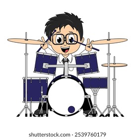 Cartoon Boy Playing Drum Illustration