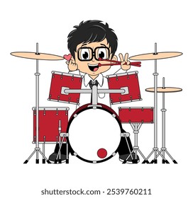 Cartoon Boy Playing Drum Illustration