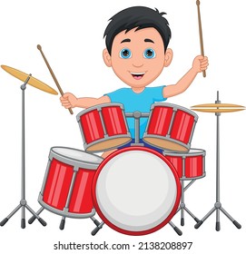 Cartoon boy playing a drums on white background