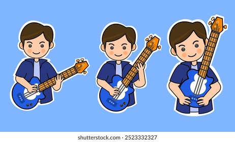 Garoto de Desenho Animado Tocando Guitarra Baixo Elétrica em uma Pose Diferente. Music Instrument Vetor Illustration (em inglês). Adequado para adesivos adoráveis e conteúdo de desempenho musical