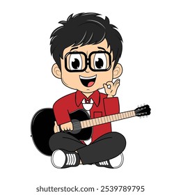 Cartoon Boy Playing Guitar Illustration Design