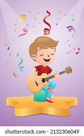 Cartoon of boy playing guitar on stage with colorful ribbons