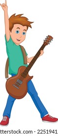 cartoon boy playing guitar on white background