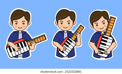 Niño de dibujos animados tocando un instrumento de teclado en una pose diferente. Ilustración vectorial. Conveniente para las pegatinas adorables y el contenido musical de la actuación