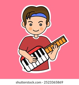 Niño de dibujos animados tocando un instrumento de teclado en una pose diferente. Ilustración vectorial. Conveniente para las pegatinas adorables y el contenido musical de la actuación