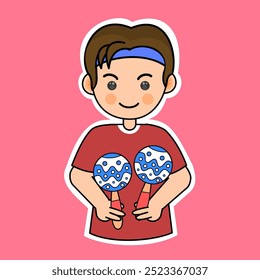 Cartoon Boy Playing Maracas. Vector Illustration. Suitable for Musician Activity and Musical Performance Content