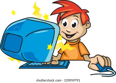 Cartoon Boy Playing On Computer