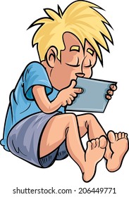 Cartoon boy playing on his tablet computer. Isolated