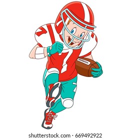 Cartoon boy playing rugby, american football. Vector illustration for kids and children.