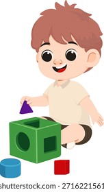 Cartoon Boy Playing with Shape Sorter Toy