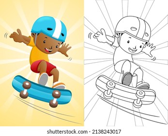 Cartoon boy playing skateboard. Coloring book or page