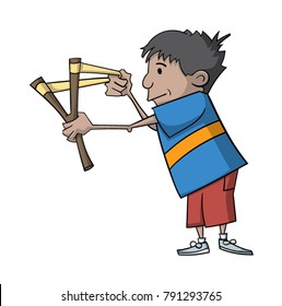 Cartoon boy playing with a slingshot 