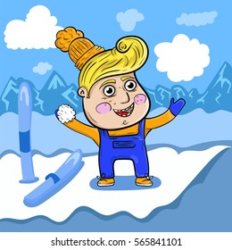 Cartoon boy playing in the snow high in the mountains. Vector.