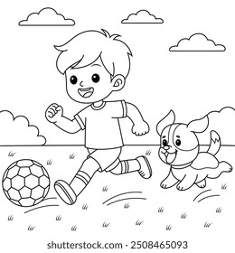 Cartoon boy is playing soccer with dog, Football coloring page for kids