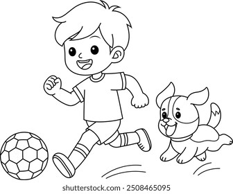 Cartoon boy is playing soccer with dog, Football coloring page for kids