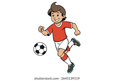 Cartoon menino jogando futebol, uma ilustração divertida esportes de uma criança chutando uma bola