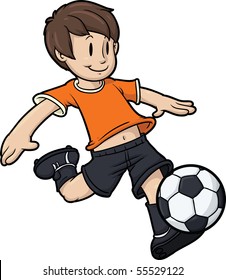 Cartoon boy playing soccer. Kid and soccer ball on separate layers for easy editing.