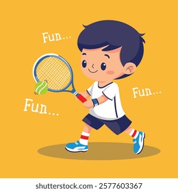 Cartoon boy playing tennis with a racket and ball on bright yellow background. Sports activity concept
