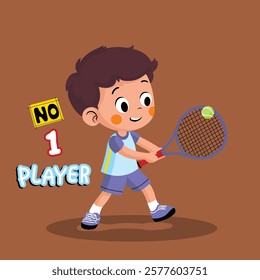 Cartoon boy playing tennis with a racket and "No. 1 Player" text on brown background. Kids sports concept
