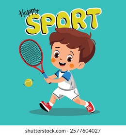 Cartoon boy playing tennis with a red racket and "Happy Sport" text on turquoise background. Kids sports concept
