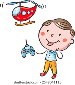 Cartoon boy playing with toy helicopter. Doodle kid using electronic devices, child and digital technology. Isolated character, vector illustration