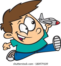 Cartoon Boy Playing With A Toy Jet Plane