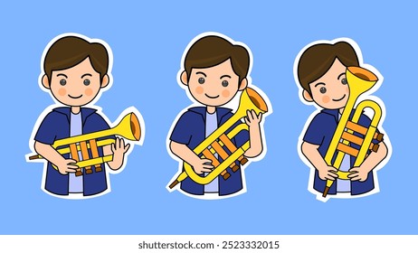 Cartoon Boy Tocando Trompete em uma Pose Diferente. Music Instrument Vetor Illustration (em inglês). Adequado para adesivos adoráveis e conteúdo de desempenho musical