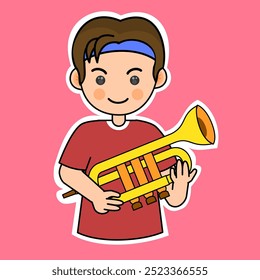 Cartoon Boy Tocando Trompete. Music Instrument Vetor Illustration (em inglês). Adequado para adesivos adoráveis e conteúdo de desempenho musical