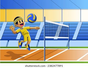 Cartoon Boy Playing Volleyball Indoor Court 