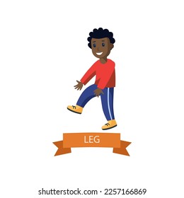 Cartoon boy pointing at leg vector illustration. Comic kid pointing at leg isolated on white background. Anatomy, education concept