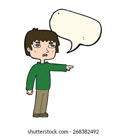 niño de caricatura apuntando con burbuja de habla