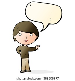 cartoon boy pointing with speech bubble