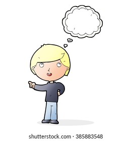 cartoon boy pointing with thought bubble