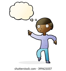 cartoon boy pointing with thought bubble