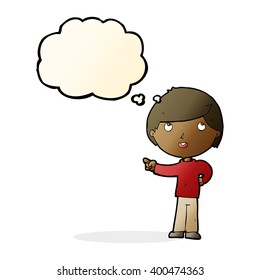 cartoon boy pointing with thought bubble