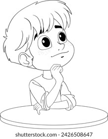Cartoon boy pondering with a curious expression.