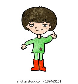 cartoon boy in poor clothing giving thumbs up symbol