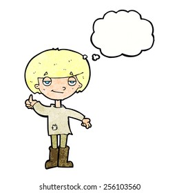 cartoon boy in poor clothing giving thumbs up symbol with thought bubble